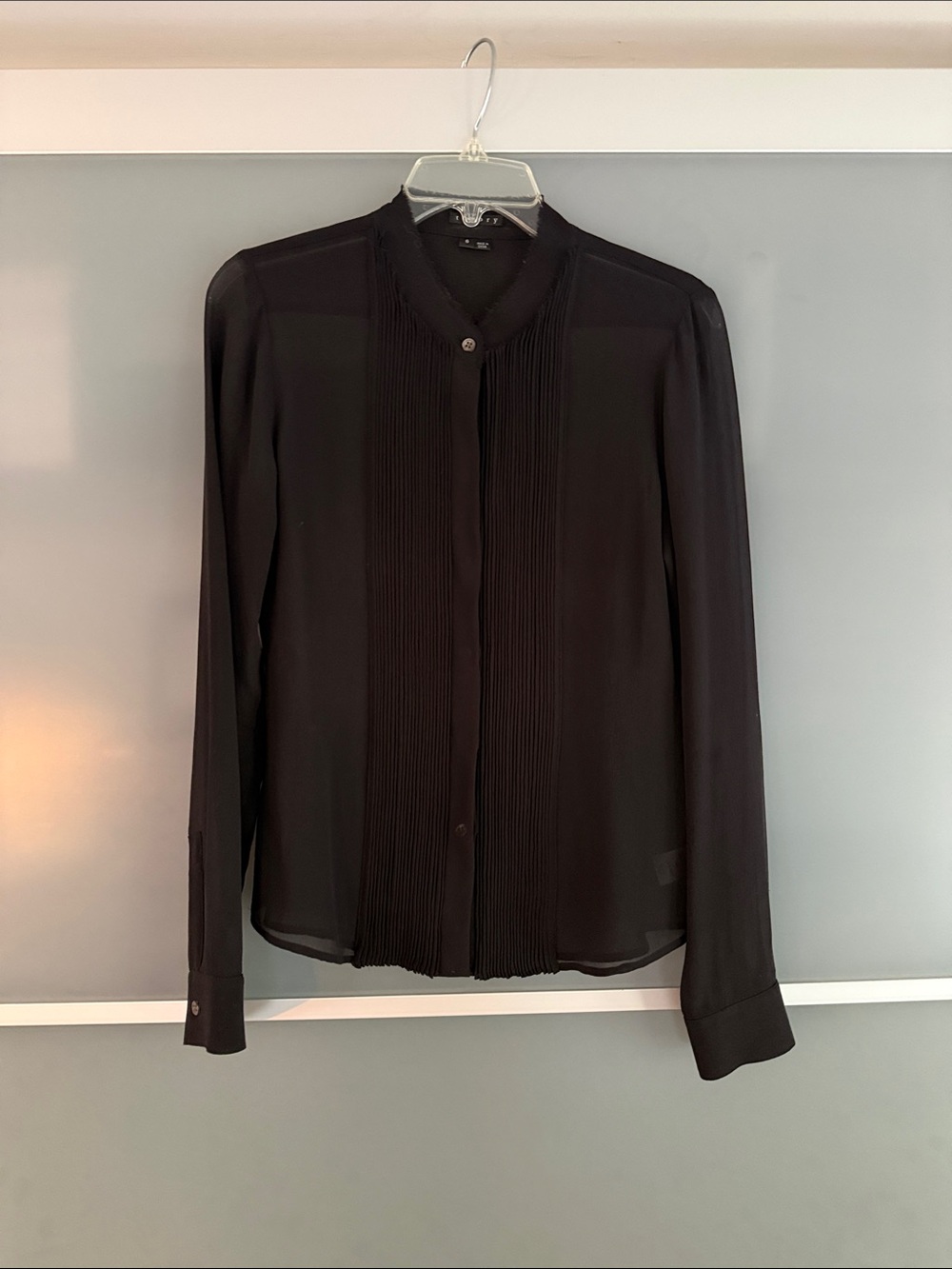 Theory Sheer Black Silk Blouse w/Pleated Front Placket